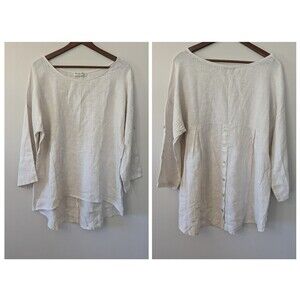 Terzo Millennio Womens Linen Tunic Top Medium Lagenlook Button Back Natural